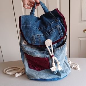 Handmade Original Design Upcycled Jeans Denim Drawstring Backpack Floral Lining